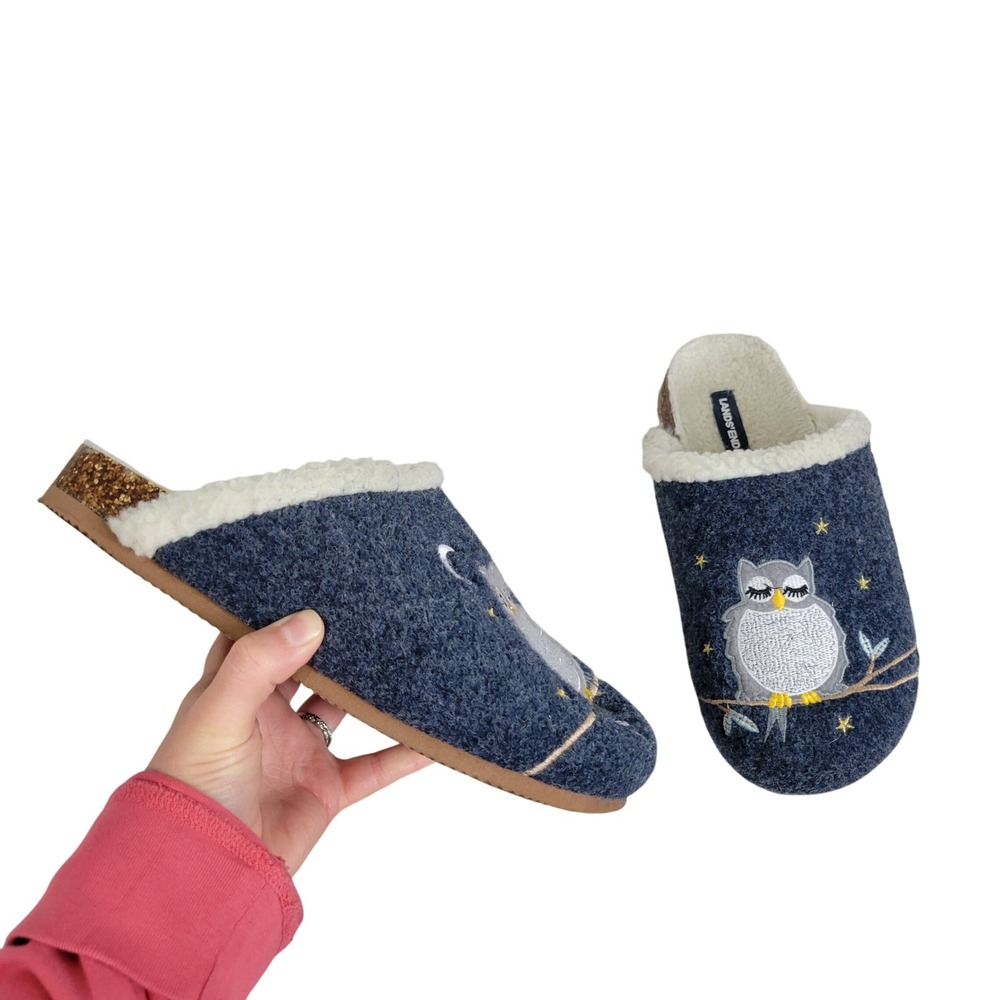 Lands' End Sherpa‎ Lined Clog House Slippers Blue Sleepy Owls Size 8